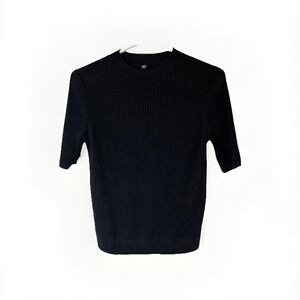 Uniqlo Womens Sweater Black M Crew Neck Merino 100% Wool Ribbed  Half Sleeve